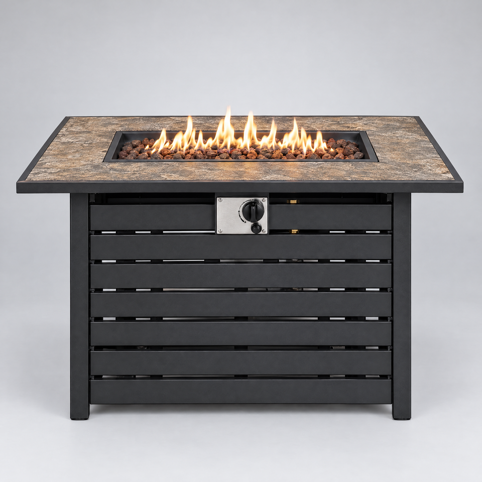 Fire pit table front view with flame