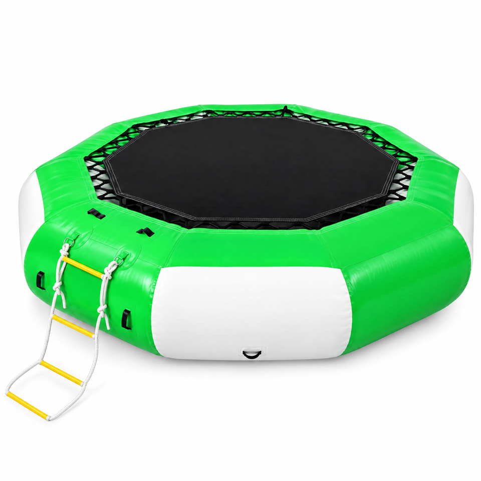 13 ft inflatable water trampoline green and white on white background
