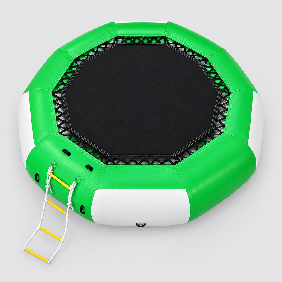 Water trampoline top view showing jumping mat and ladder