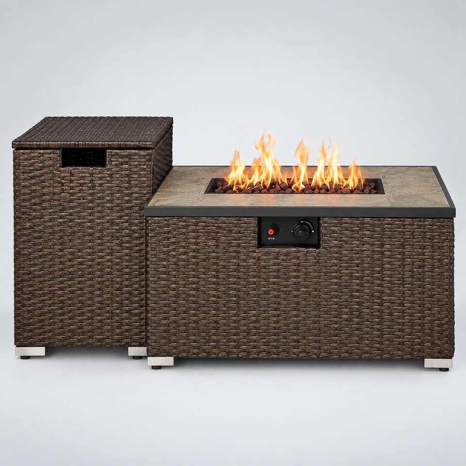 Wicker fire pit table front view with flame