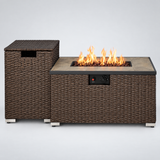 Wicker fire pit table front view with flame