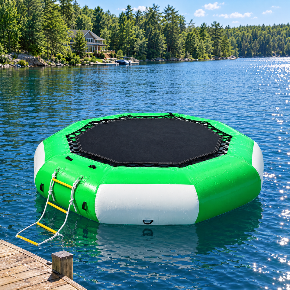 Water trampoline floating on a lake near a dock