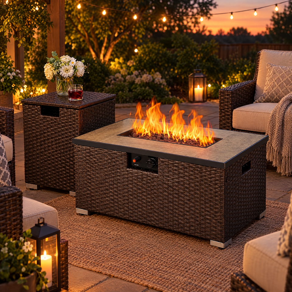 Wicker fire pit table burning on a patio at dusk