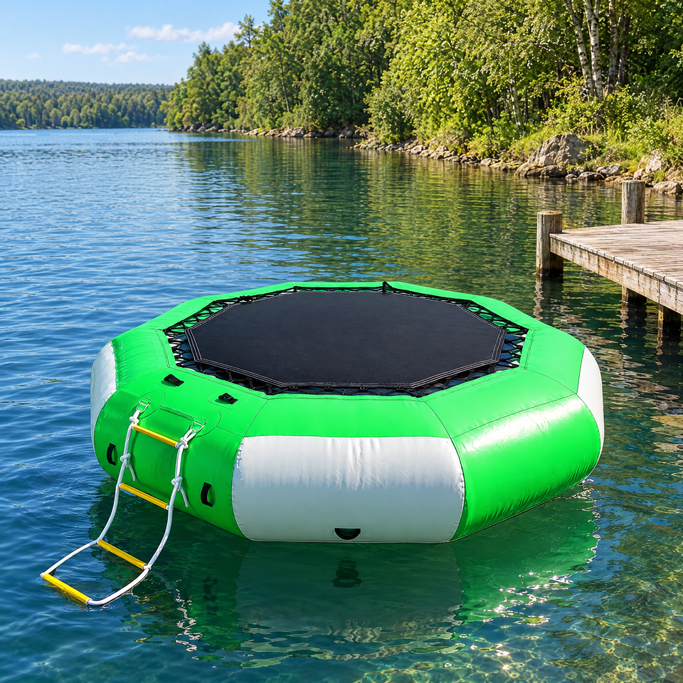 Water trampoline floating in a river cove on a summer day