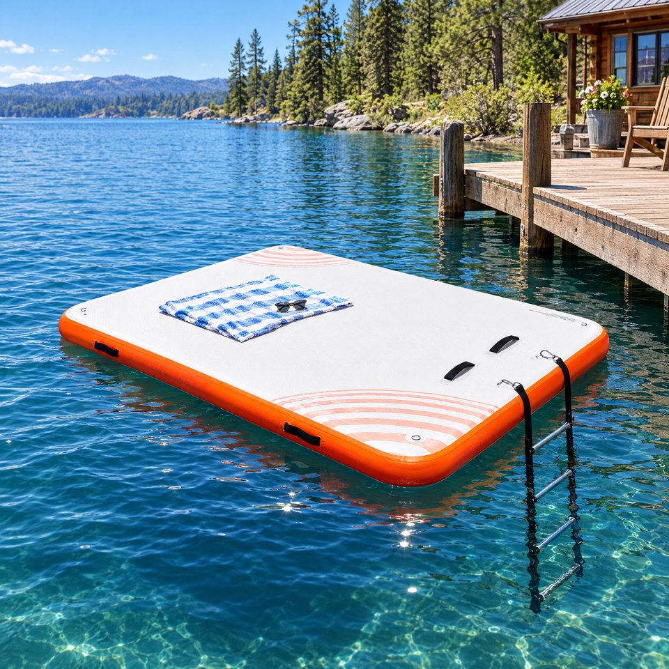 Inflatable floating dock on a lake next to a cabin dock
