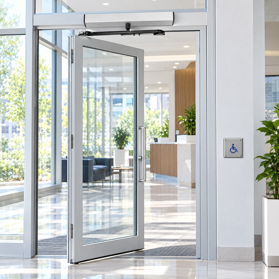 ADA door opener installed on a glass office entrance door