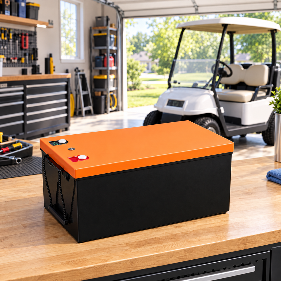 Lithium golf cart battery in a home garage with golf cart