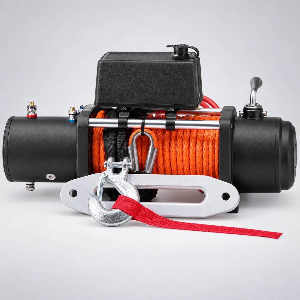 Winch front view with fairlead and hook