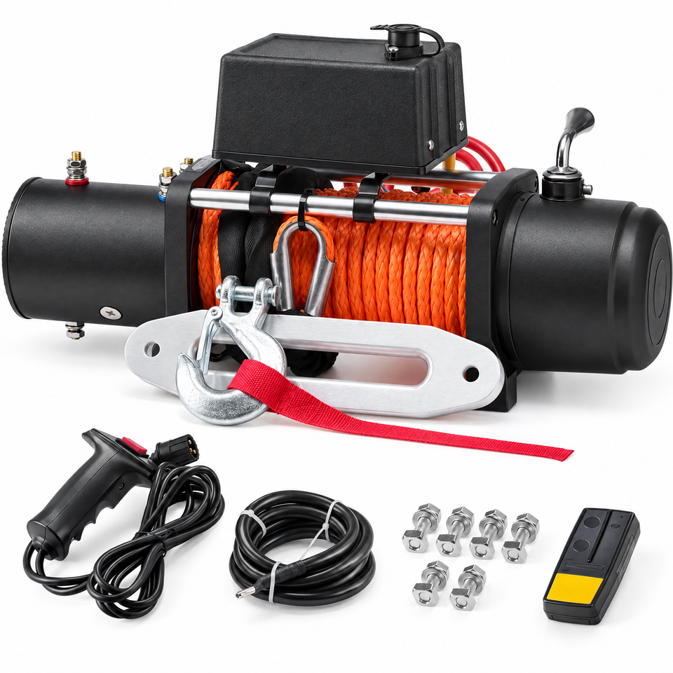13,500 lb 12V electric winch with synthetic rope and remote on white background