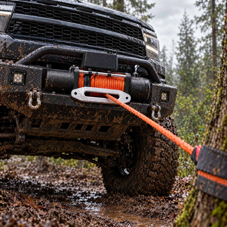 Electric winch mounted on an off-road truck bumper on a muddy trail