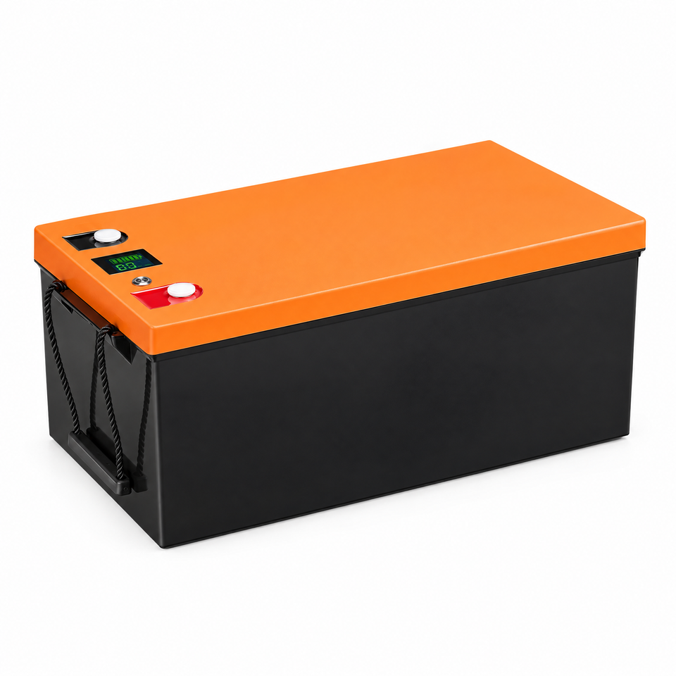 36V 105Ah LiFePO4 golf cart battery with LCD display on white background
