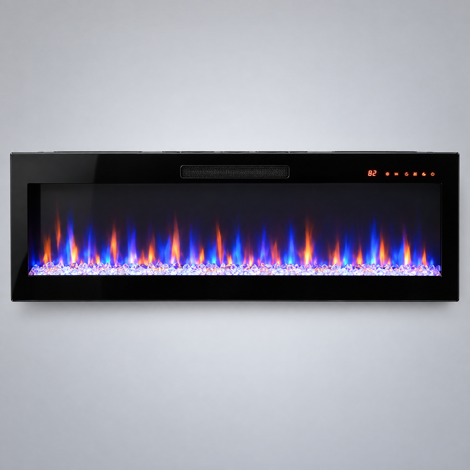 Electric fireplace front view with multicolor flame setting