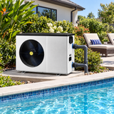 Pool heat pump installed beside a backyard in-ground pool