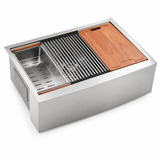 36 x 22 inch stainless steel farmhouse workstation sink with accessories on white background