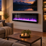Electric fireplace mounted in a cozy modern living room