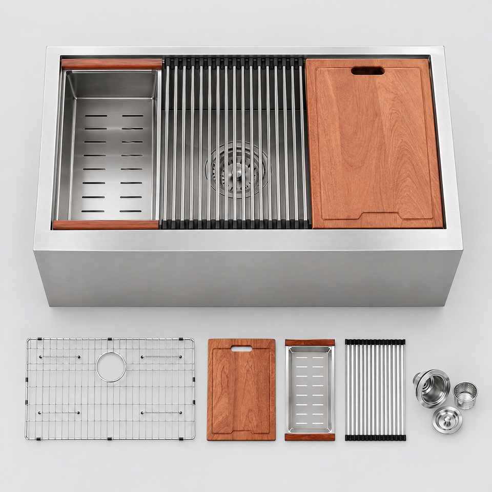 Workstation sink top view showing bowls and accessories