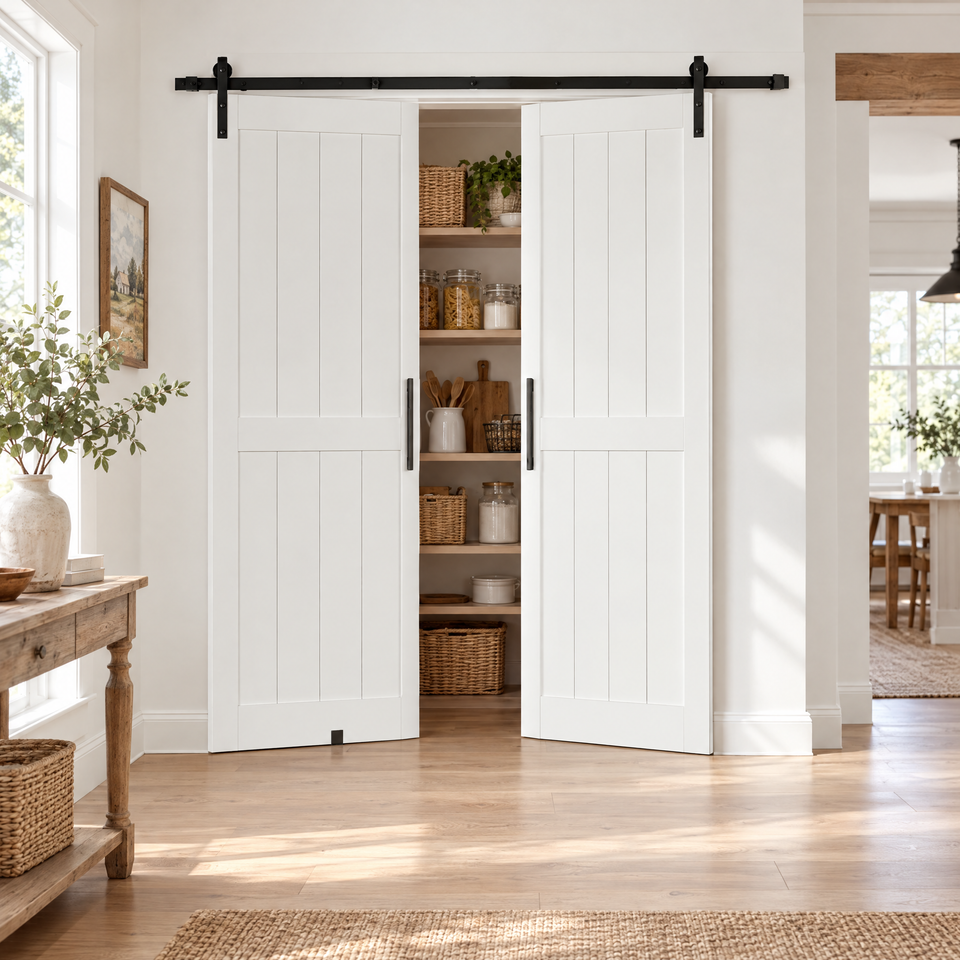 Bi-fold barn door installed on a pantry in a farmhouse-style home