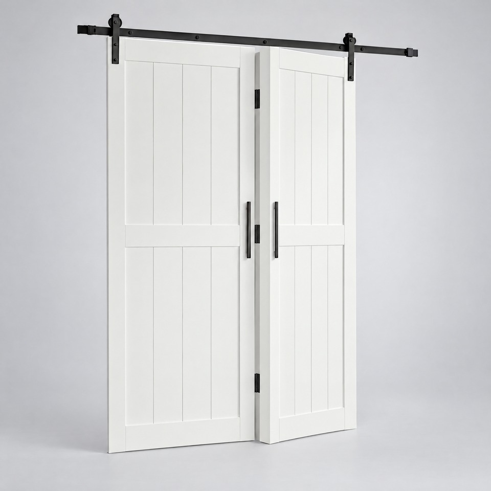 Barn door partially folded showing bi-fold mechanism