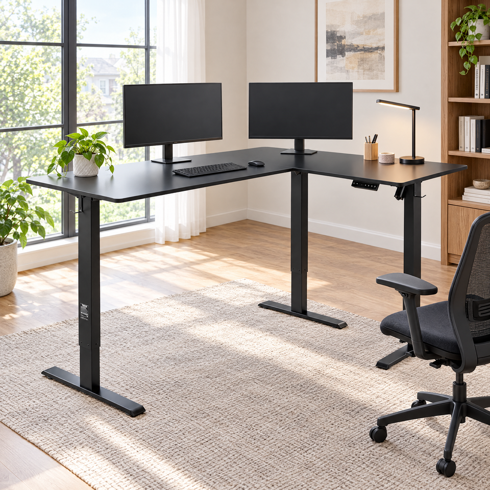 L-shaped standing desk raised in a modern home office