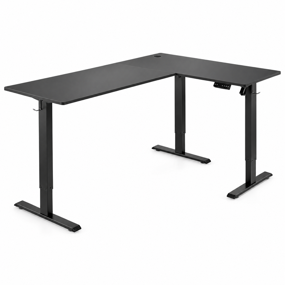 Black L-shaped electric standing desk on white background