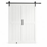 Bi-fold farmhouse barn door with black track hardware on white background
