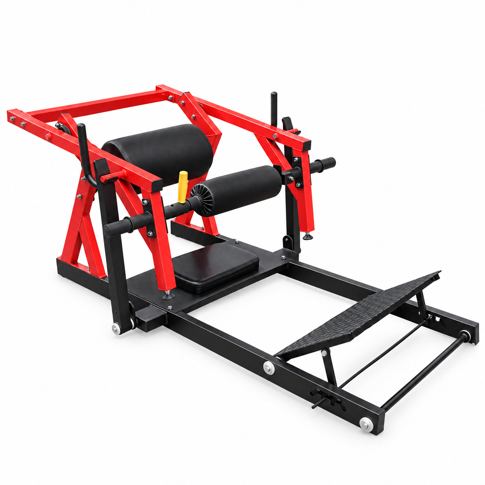 Red and black heavy-duty hip thrust glute machine on white background