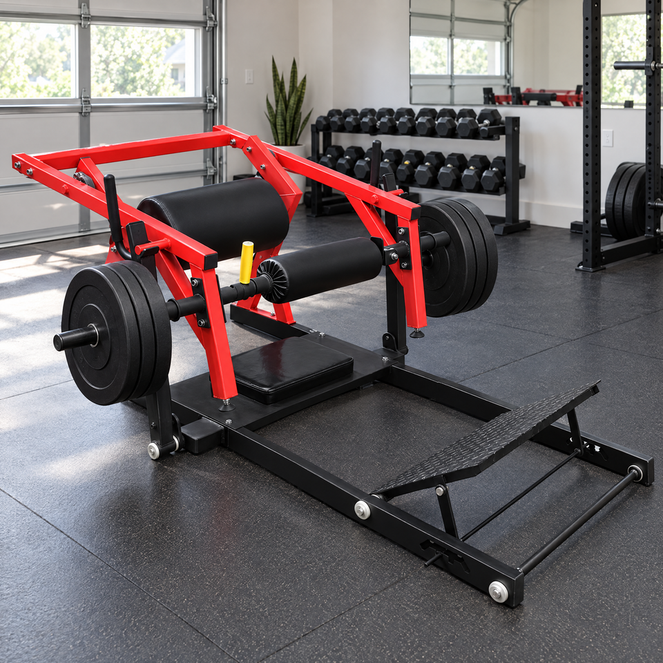 Hip thrust machine in a home garage gym