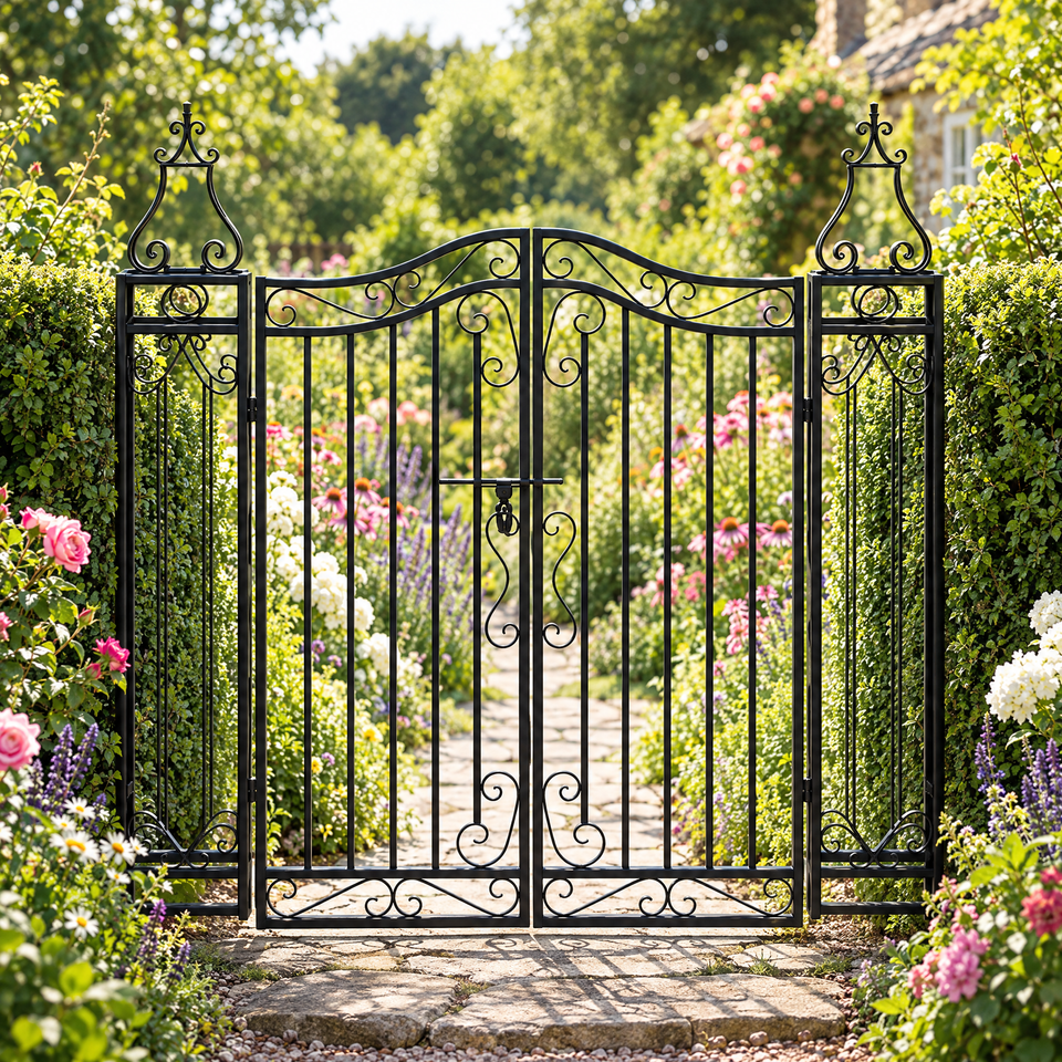 Wrought iron gate leading into a blooming flower garden
