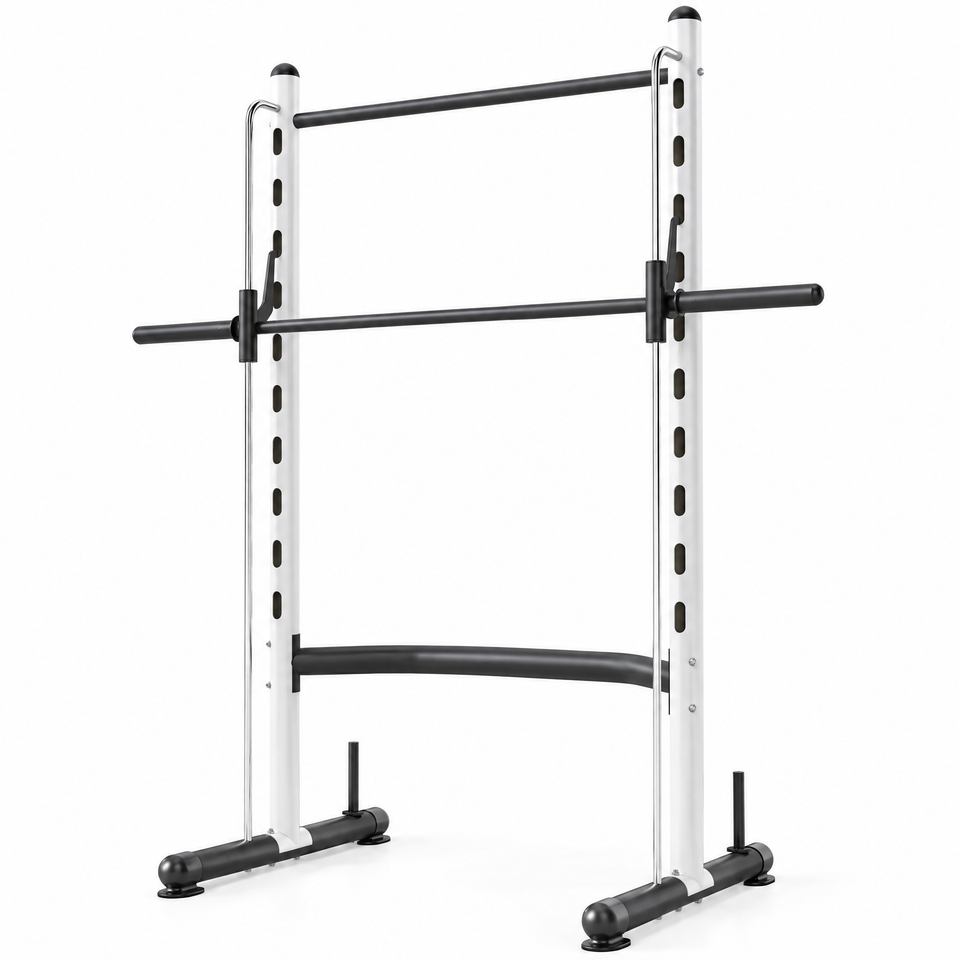 White power rack squat station with pull-up bar on white background