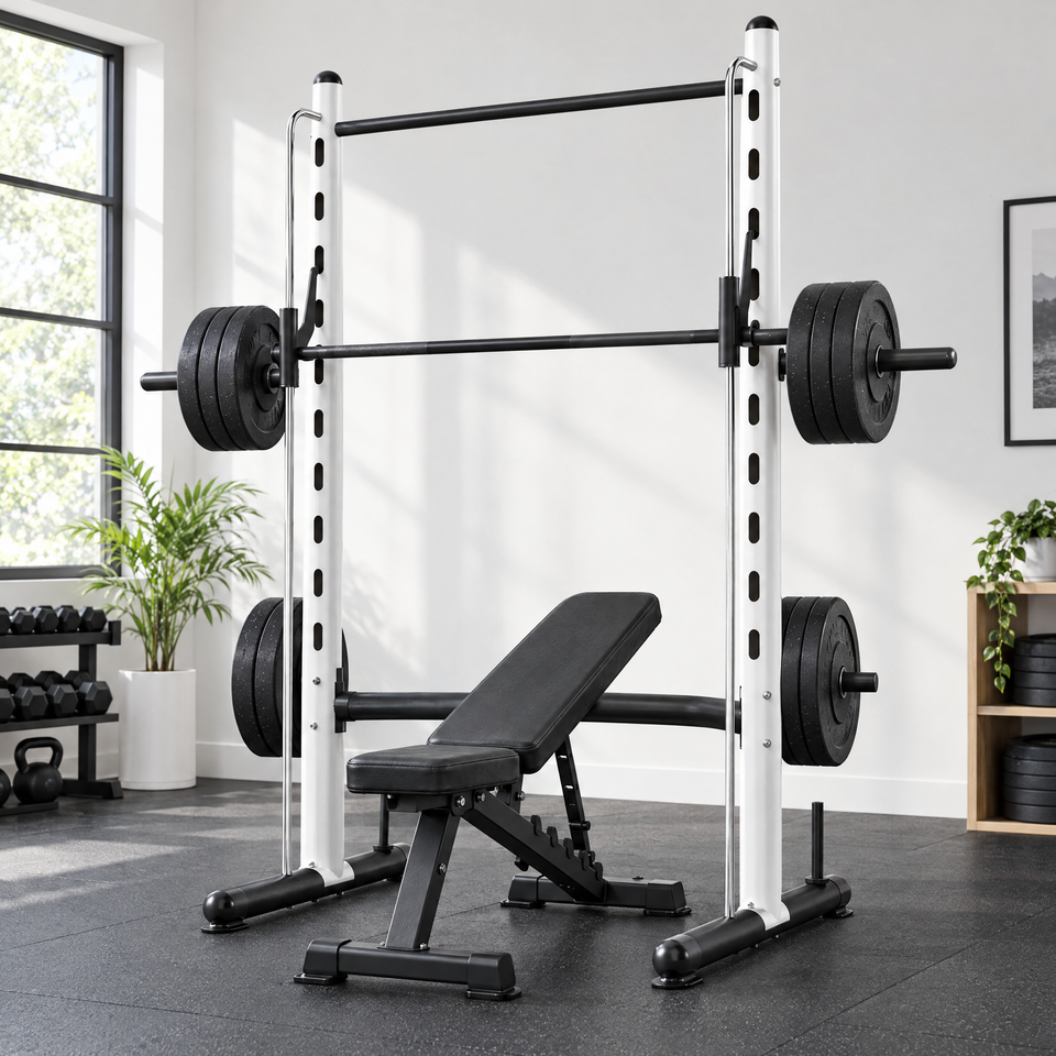 Power rack with loaded barbell in a bright home gym