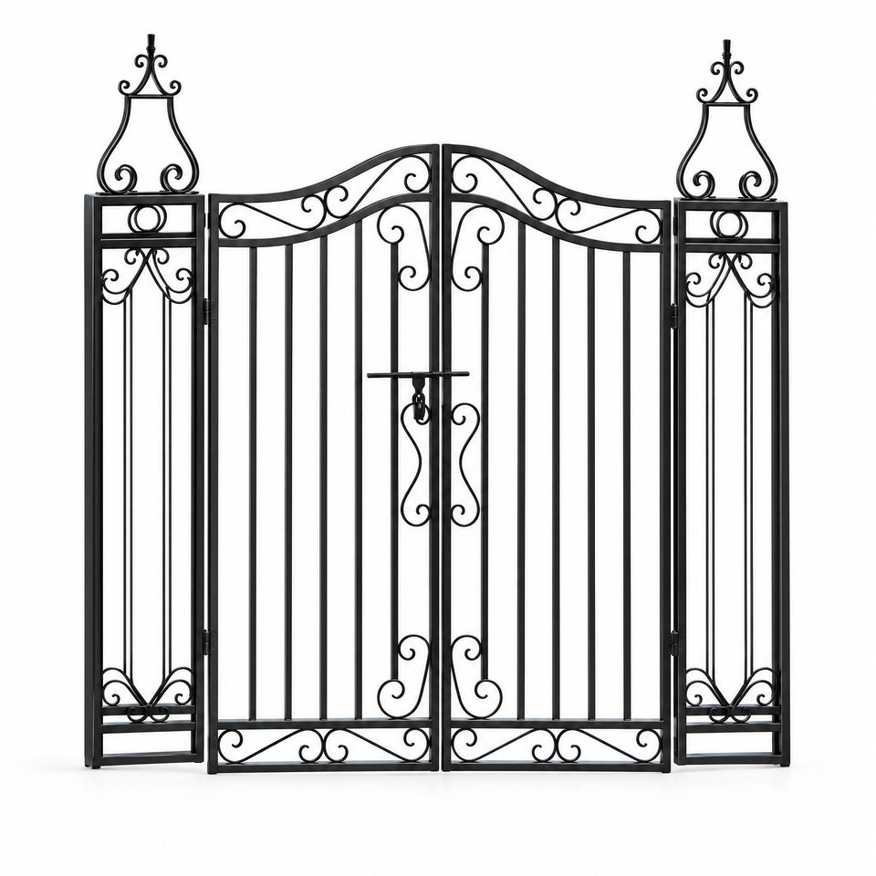 Black ornamental wrought iron garden gate on white background