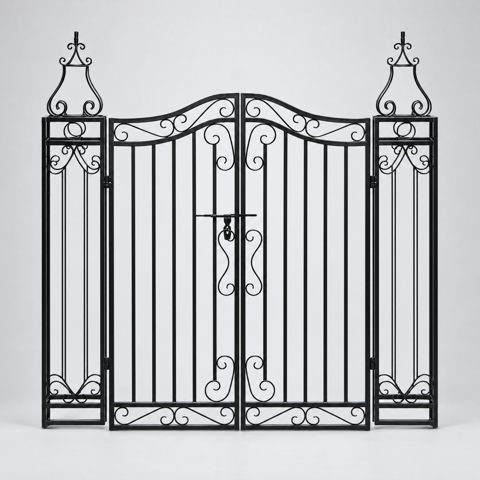 Garden gate straight-on front view showing scrollwork
