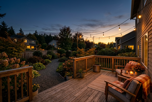 Cozy American backyard deck at dusk with warm string lights
