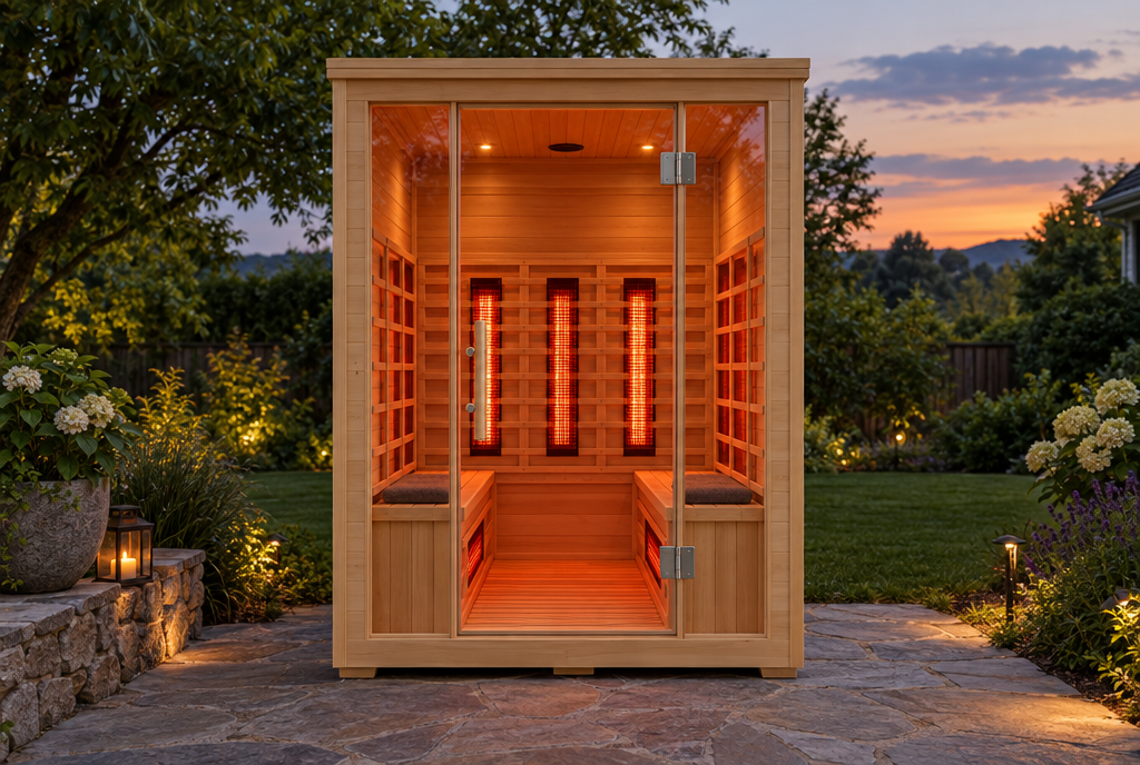 Two-person outdoor infrared sauna in a backyard garden