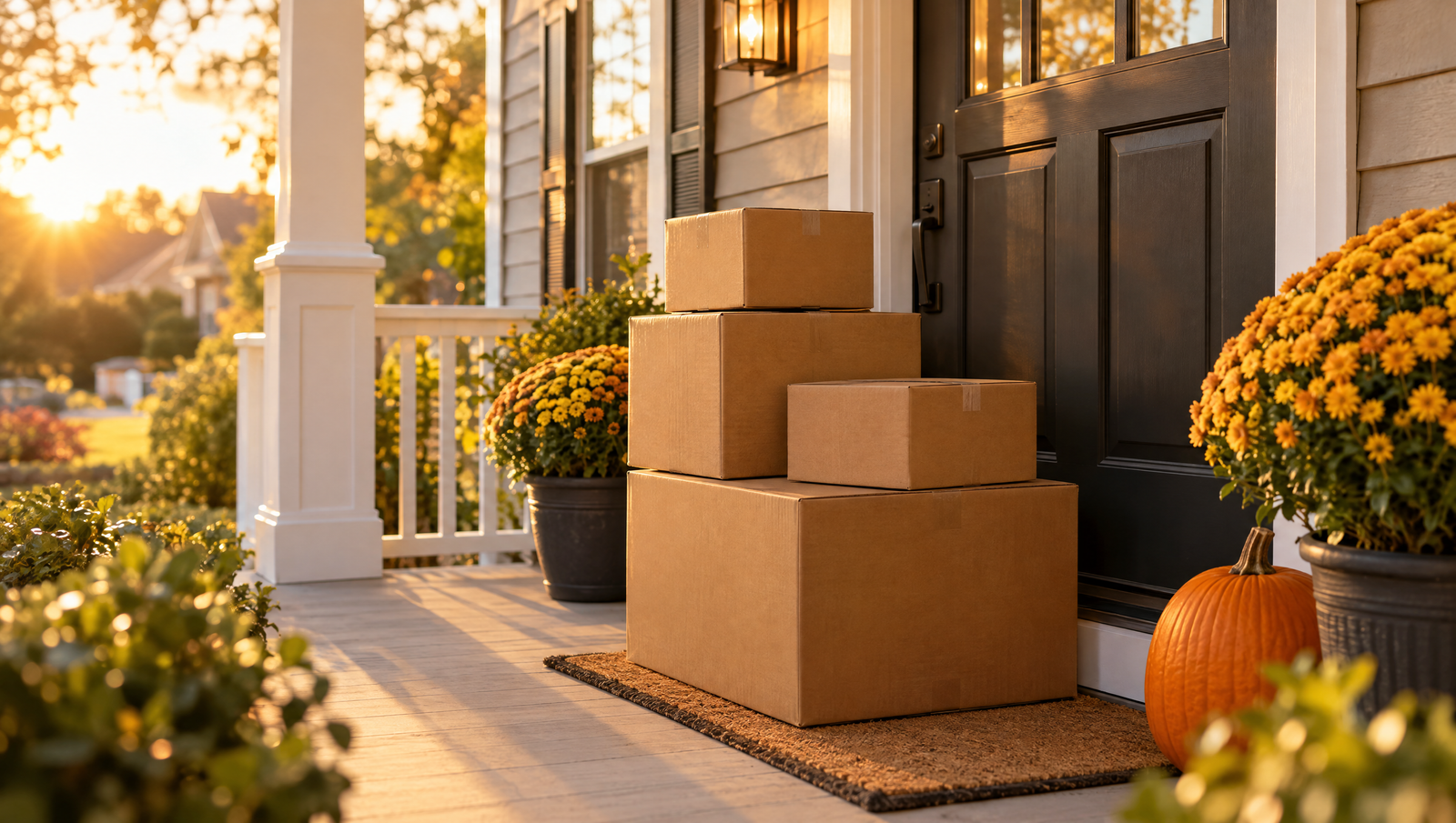Delivery boxes on a front porch in autumn
