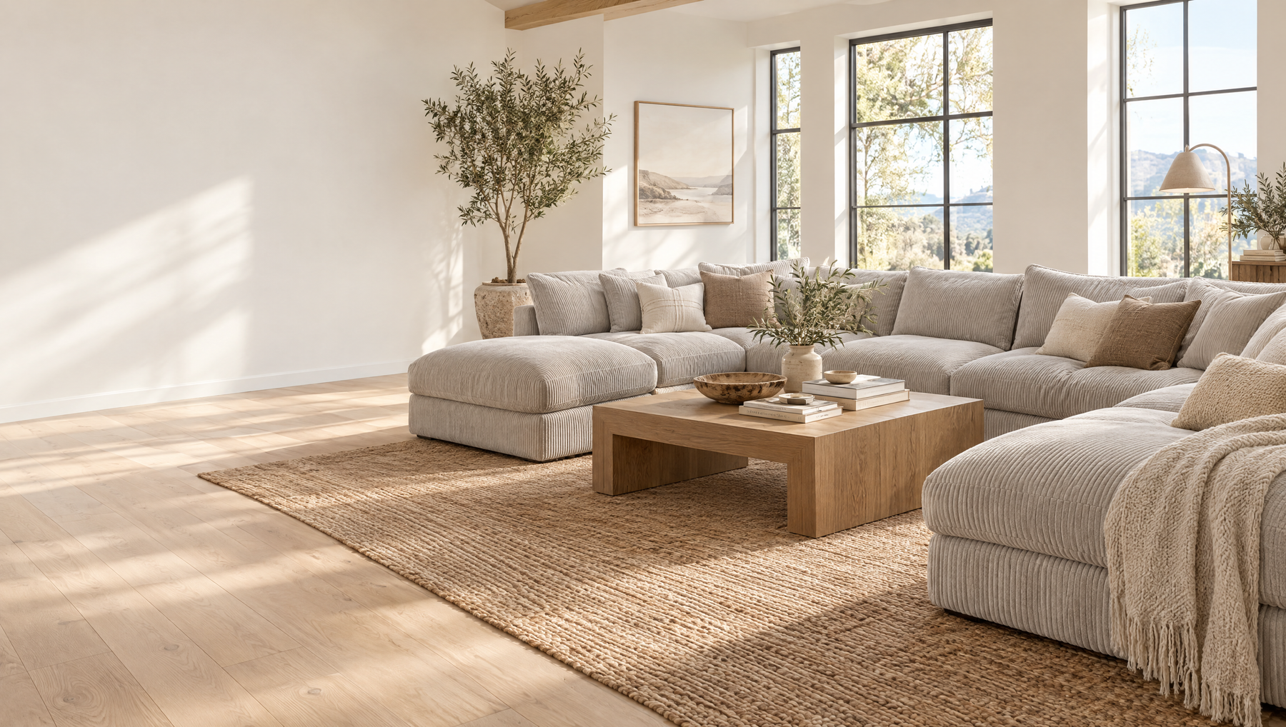 Bright living room with an oversized U-shaped cloud couch sectional