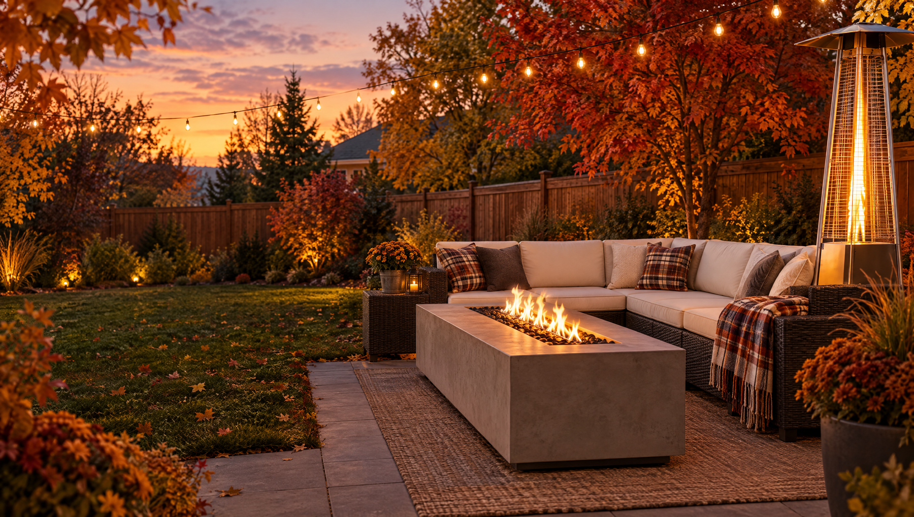 Backyard patio with a concrete propane fire pit table and patio heater at dusk