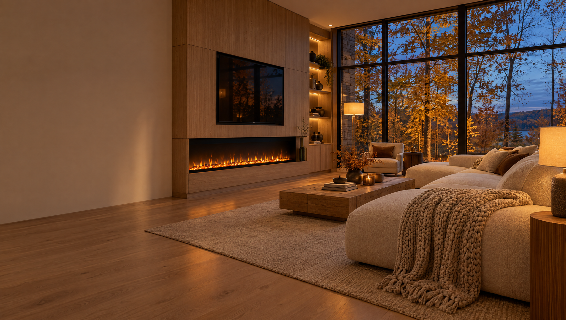 Modern living room with a linear electric fireplace and cozy sofa at dusk