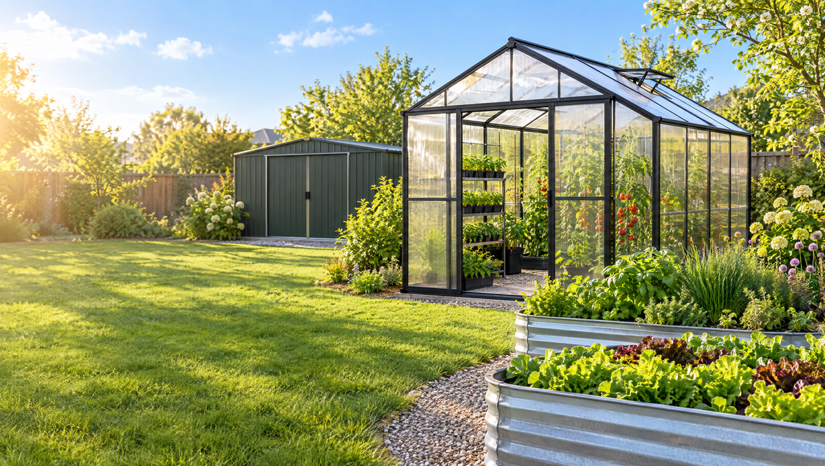 Backyard garden with a polycarbonate greenhouse, raised beds and a metal shed