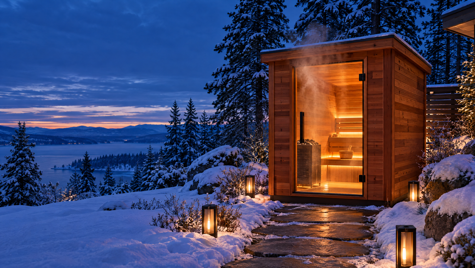 Outdoor red cedar sauna glowing in a snowy backyard at twilight